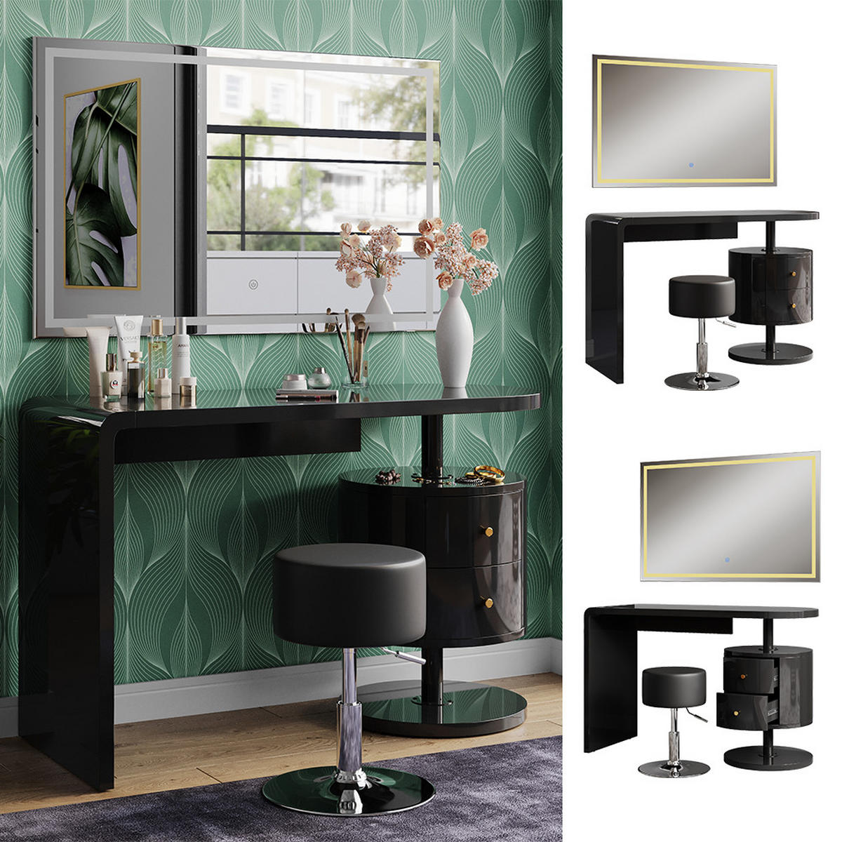 SCHMINKTISCH Lara Schwarz Hochglanz 120 cm mit LED-Spiegel und Hocker - Schwarz Hochglanz, Holzwerkstoff (120/76/50cm) - Vicco