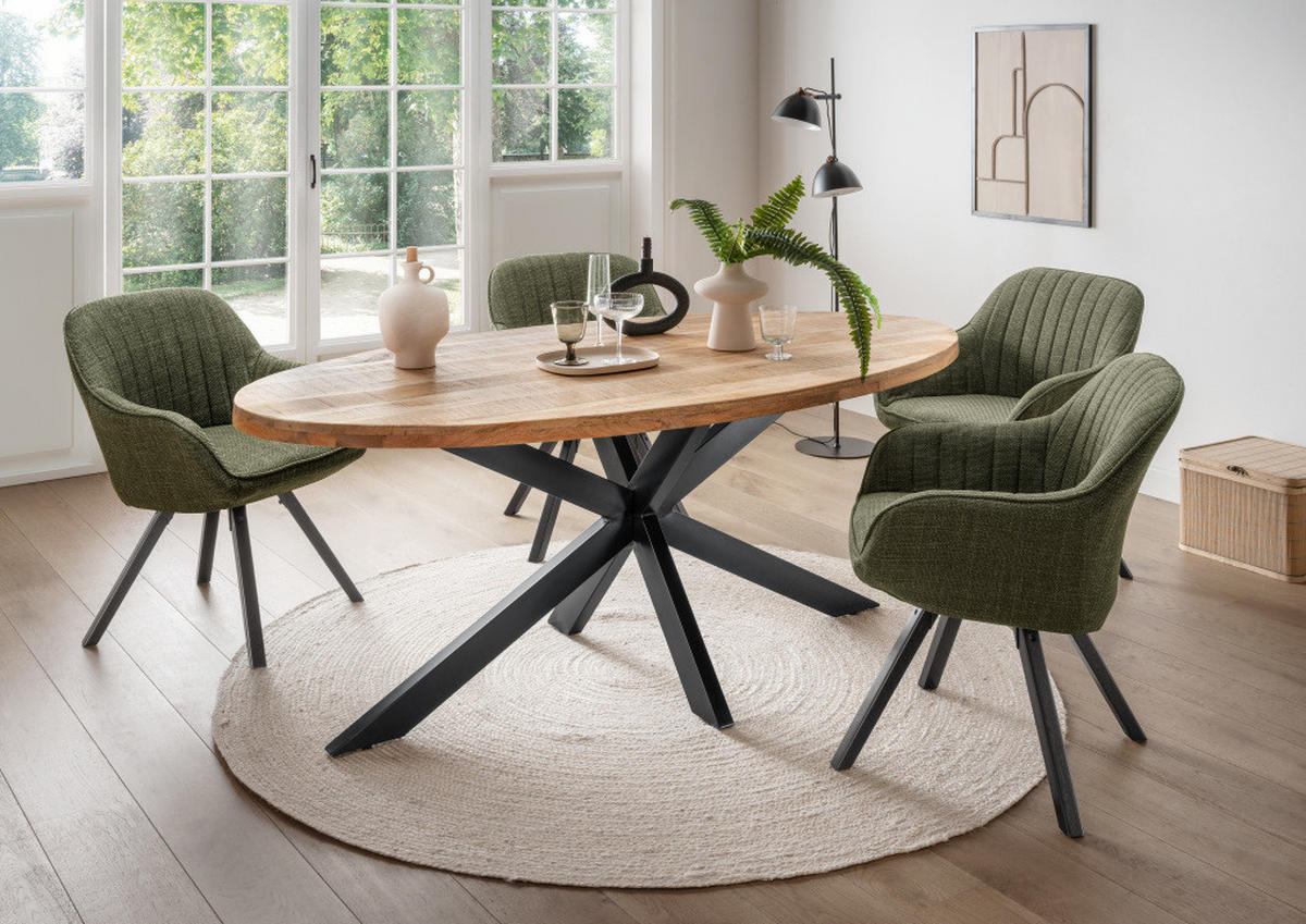 ESSZIMMER-SET Matera und Avola - Schwarz/Olivgrün, Holz/Metall (90/76/180cm) - Mr. Deko