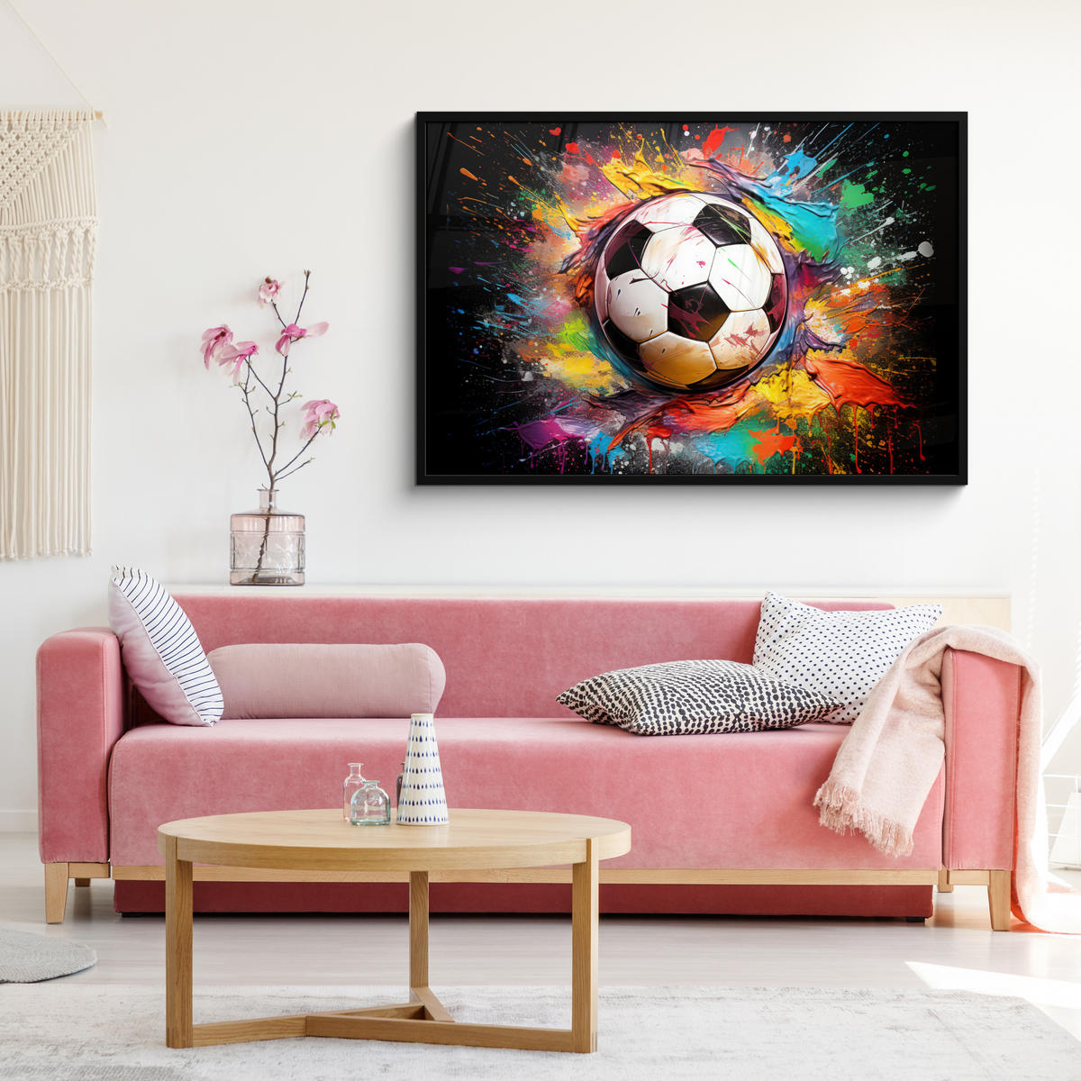 POSTER MIT RAHMEN Fußball - Farbe - Farben - Schwarz - Weiß 120x80 cm - Weiß, Papier (120/80cm) - MuchoWow
