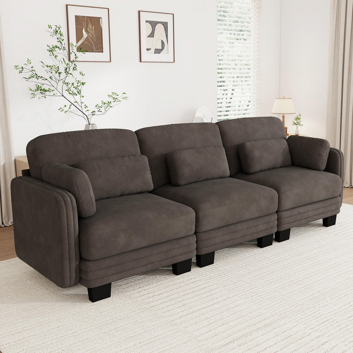 3-SITZER-SOFA Chenille mit Lenden- und Armkissen, DE-42686, Braun - Braun, Holz (253/88/88cm) - ComfortXL