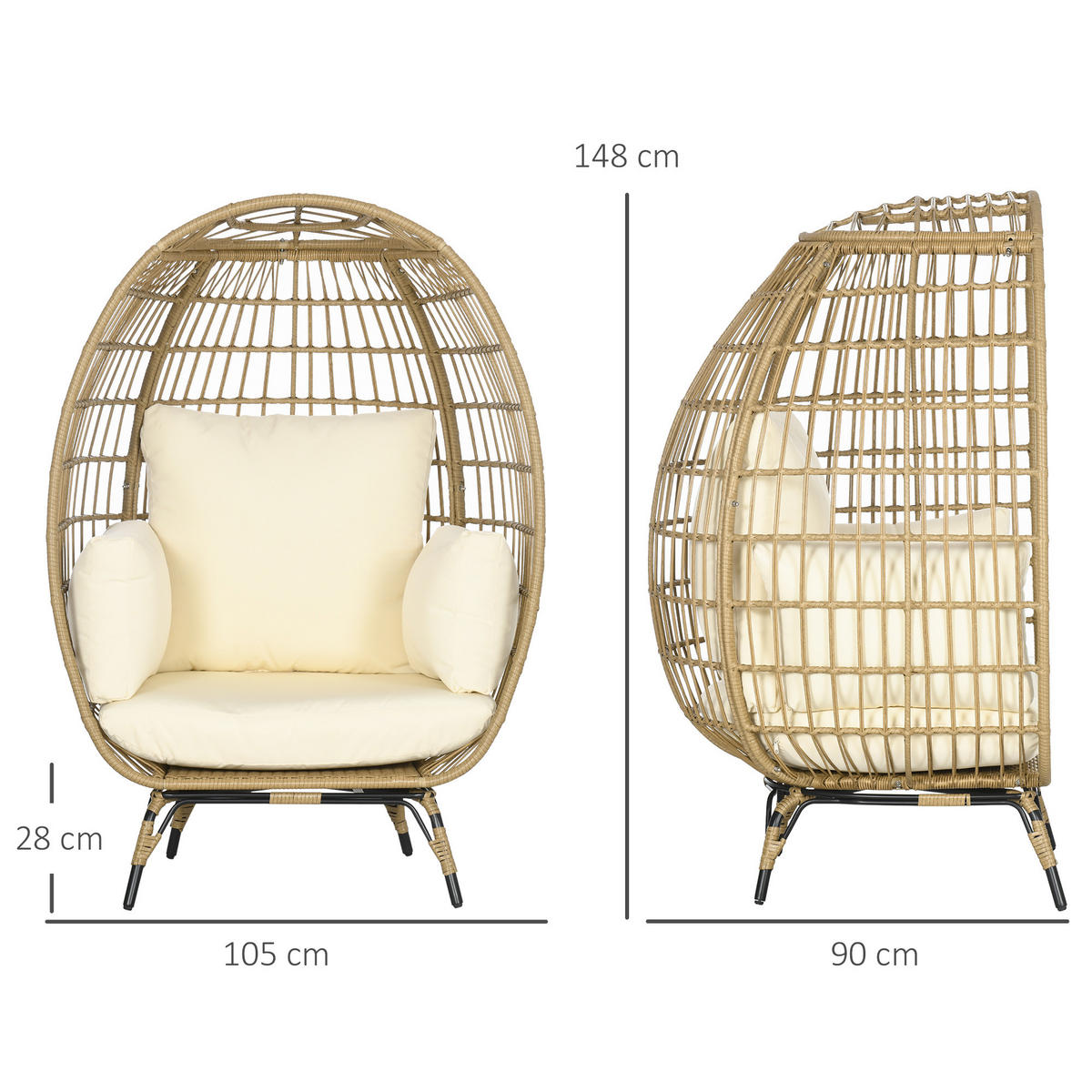 RATTANSESSEL in Korbform, für Balkon, Terrasse, Metall, Khaki, 105 x 90 x 148 cm - Beige, Kunststoff (90/148/105cm) - Outsunny