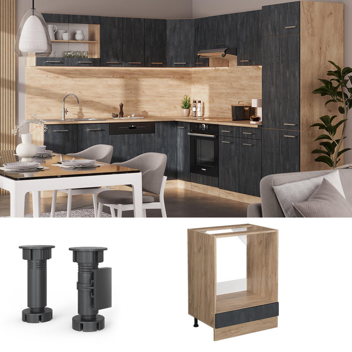 HERDUMBAUSCHRANK R-Line Schwarz Beton 60 cm AP Marmor - Honigeiche/Eiche Wotan, Holzwerkstoff (60/81.6/60cm) - Vicco
