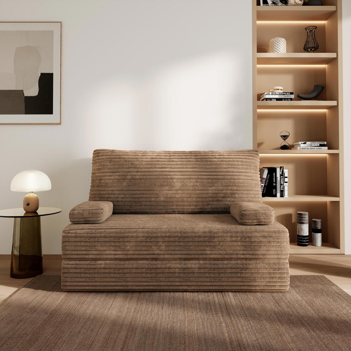 BETTSOFA LADIA aus Schaumstoff Cordstoff Beige Schlaffunktion - Beige, Textil (140/86/60cm) - MASSENO