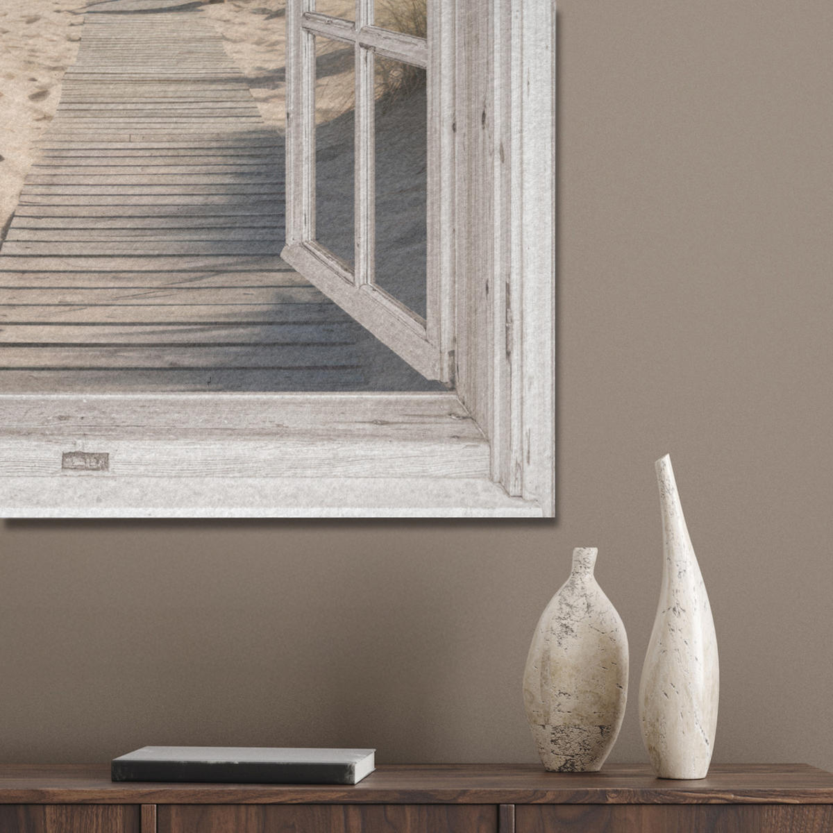 AKUSTIKPANEEL Fenster - Meer - Küste - Natur - Ausblick - Strand - Wattenmeer 60x80 cm - Beige, Textil (60/0.9/80cm) - MuchoWow