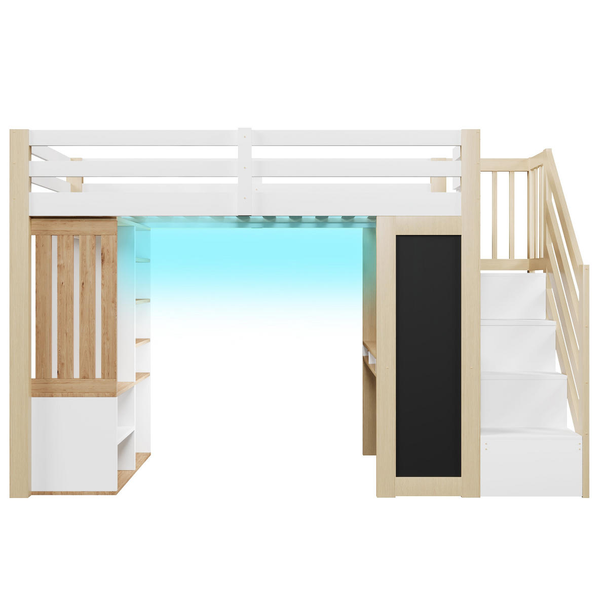 HOCHBETT 90/200 cm in Weiß & Natur mit Schreibtisch, Kleiderschrank und LED - Weiß/Naturfarben, Holz/Holzwerkstoff (90/200cm) - WISHDOR