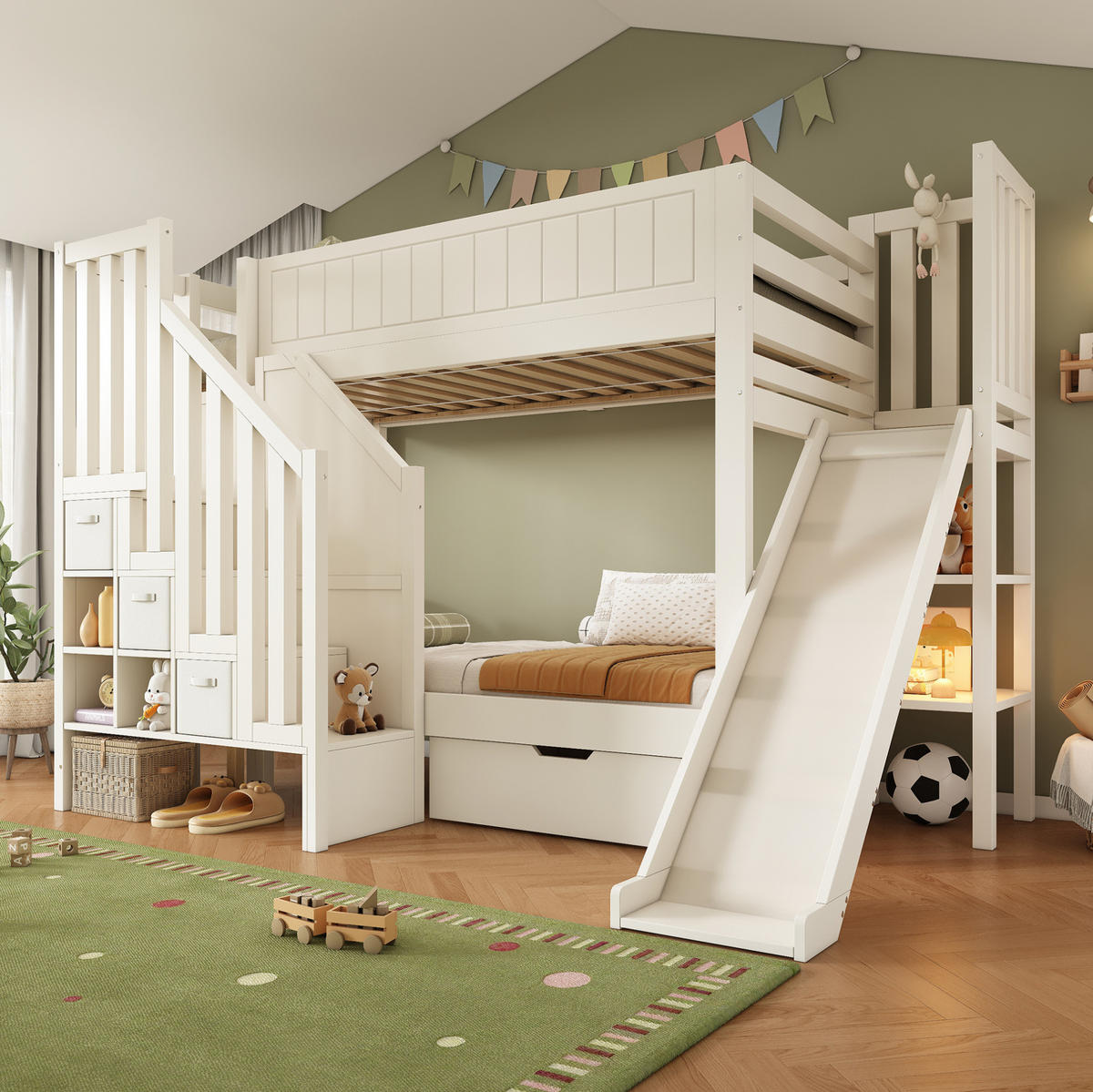 ETAGENBETT 90/200 cm Weiß mit Rutsche, Schubladen und Regalen ohne Matratze - Weiß, Holz (90/200cm) - MIVRAY