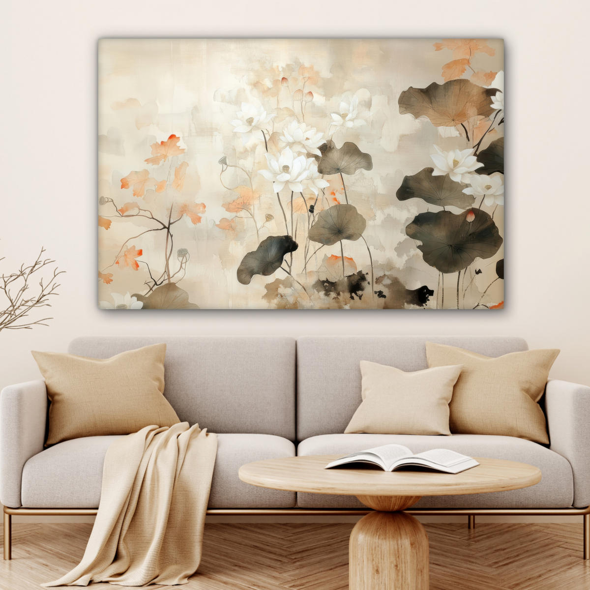 LEINWANDBILD Blumen - Japandi - Wabi sabi Groß 140x90 cm - Sandfarben, Textil (140/90cm) - MuchoWow