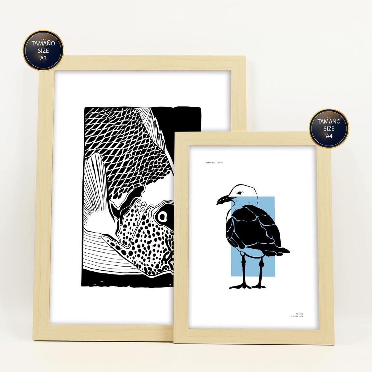 POSTER Set Mit 6 Schwarze Tintenschalen Größe A3 & A4 Rahmen aus hellem Holz - Beige, Papier (29.7/1cm) - Nacnic