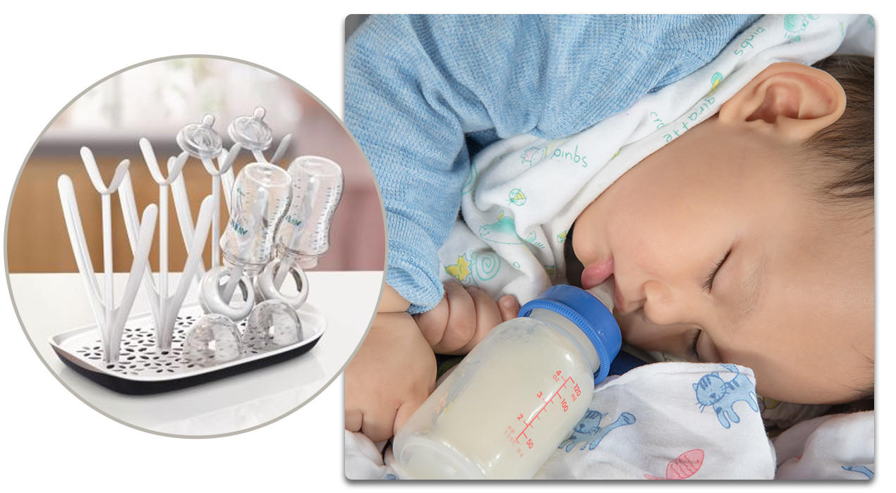 baby trinkt aus der flasche und flaschenständer