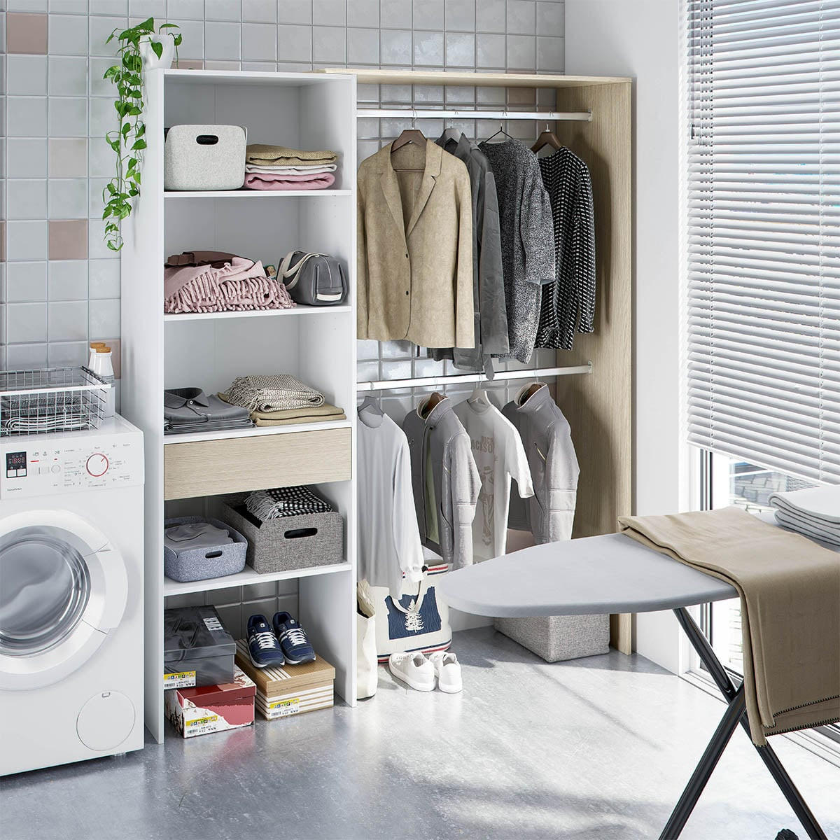 KLEIDERSCHRANK mit weißem Dekor und Eiche - H187 cm - Weiß, Holzwerkstoff (40/187/158cm) - Calicosy