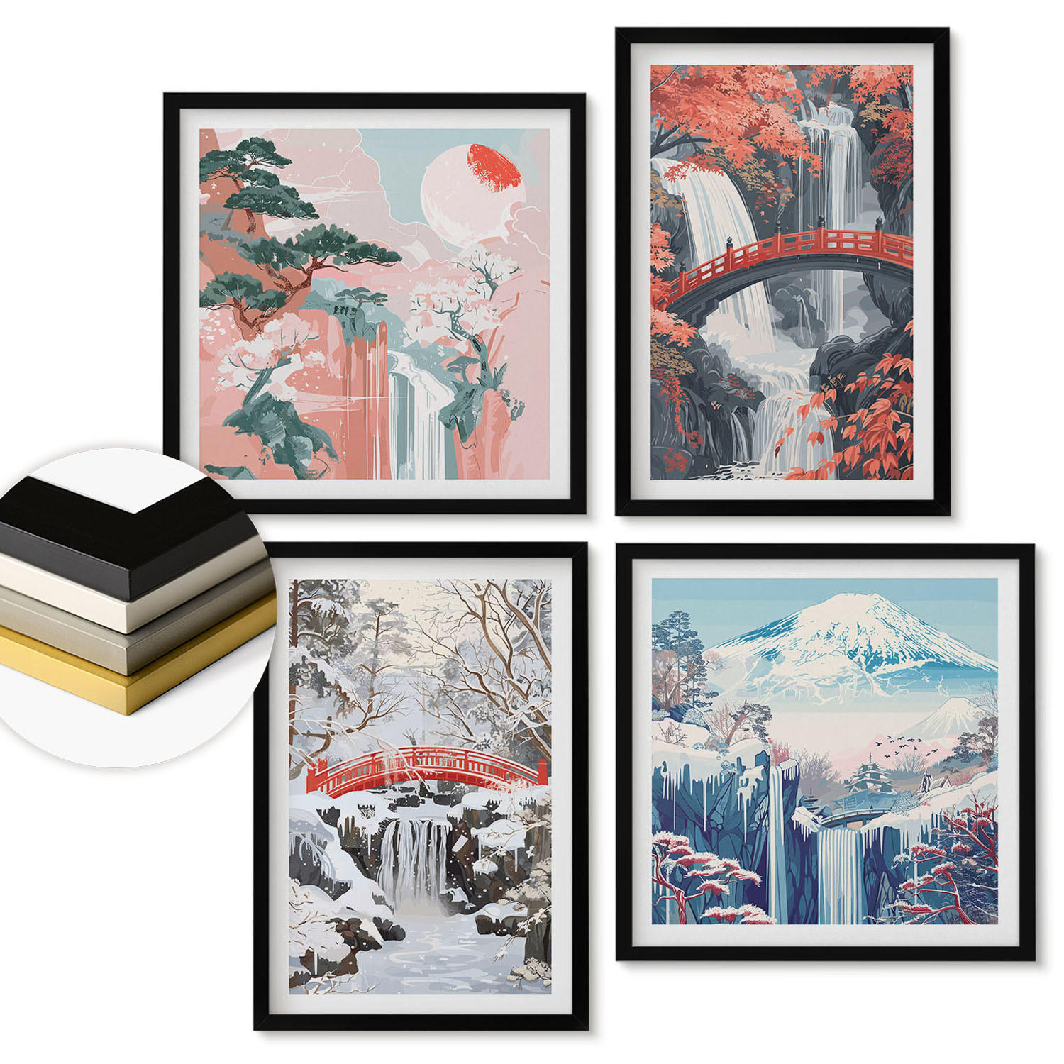WANDBILDER 4er-Set - 50x50 cm & 40x60 cm Schwarzer Rahmen - Berglandschaften und Wasserfälle - Schwarz, Kunststoff (50/50cm) - ArtPrintCave