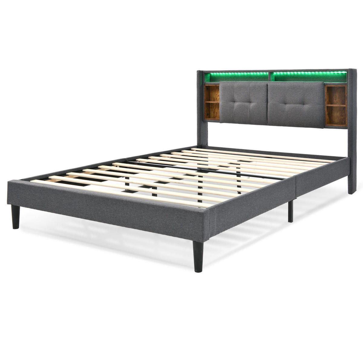 POLSTERBETT 140/200 cm Grau mit Stauraum-Kopfteil, USB-Anschluss und LED - Grau, Holz (140/200cm) - Flora Grace