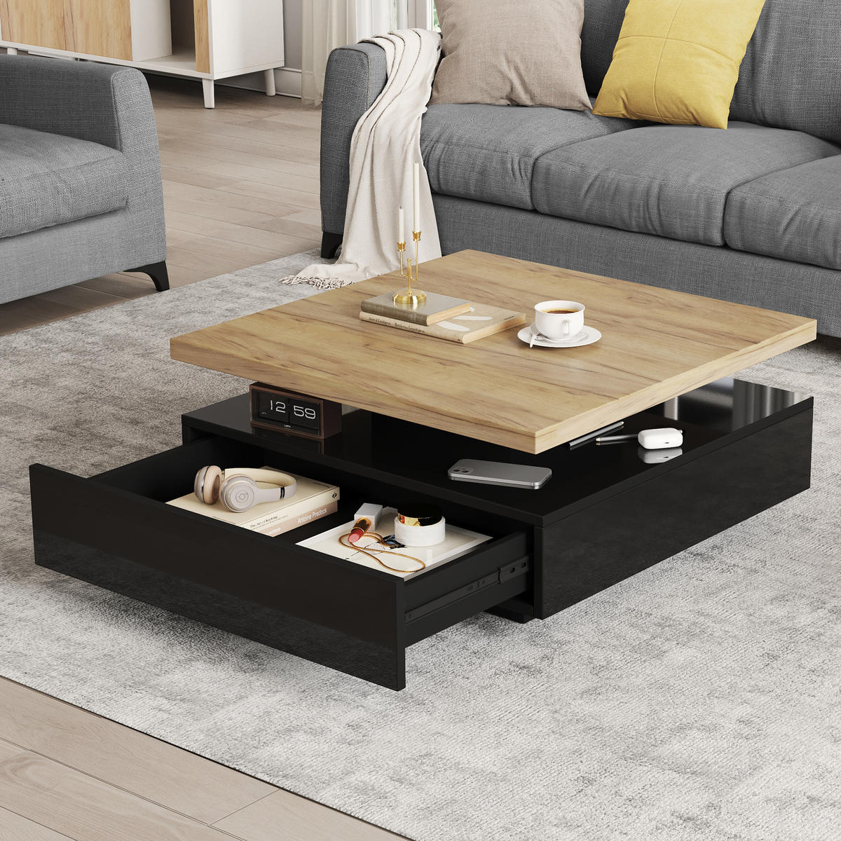 COUCHTISCH 360° schwenkbar 2-stufig Hochglanz Stauraum Naturholz Schwarz - Walnussfarben, Holzwerkstoff (70/70/36cm) - FLIEKS