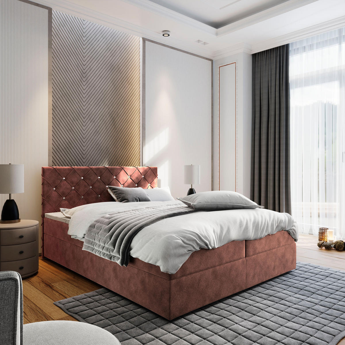 POSTEL BOXSPRING RIVA 160x200 cm, s matrací a úložným prostorem, růžová - růžová, kompozitní dřevo/textil (160/200cm) - MASSENO