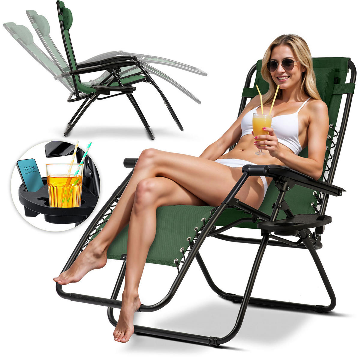 GARTEN-RELAXSESSEL Klappbarer mit Kissen, Grün - Grün, Metall (60/102/110cm)