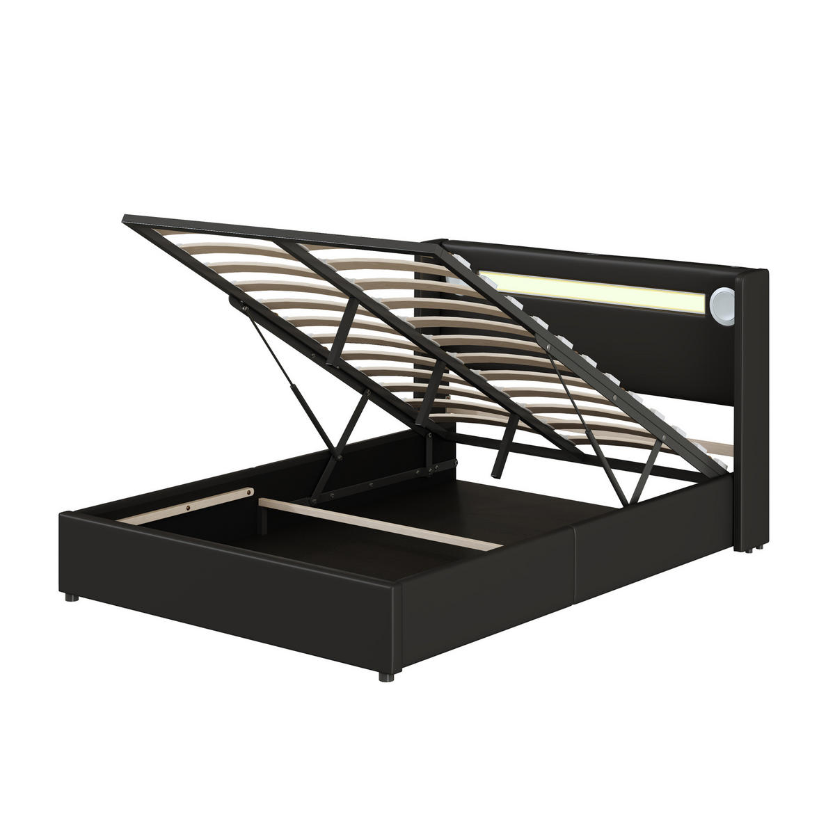 ČALÚNENÁ posteľ z PU kože 140x200 cm čierna s LED, Bluetooth, USB a úložným priestorom - čierna, plast (140/200cm) - Modfu