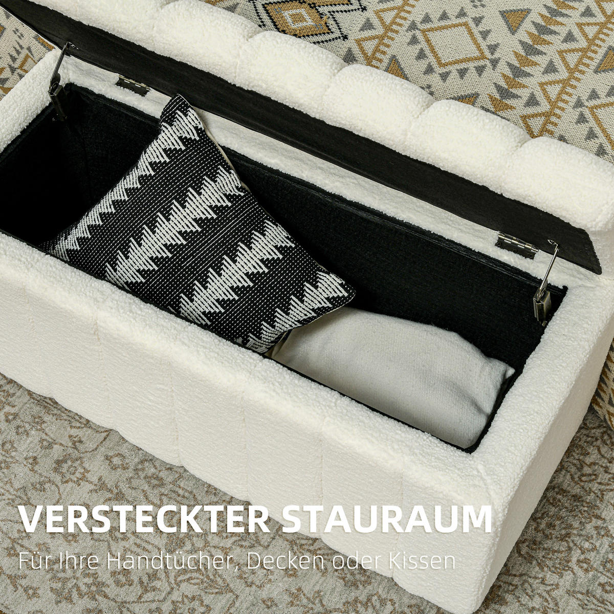 SITZBANK mit Stauraum, Polsterbank mit Teddy-Vlies-Optik, Bettbank mit Holzbeine - Creme/Schwarz, Kunststoff/Textil (45/46/102cm) - HOMCOM