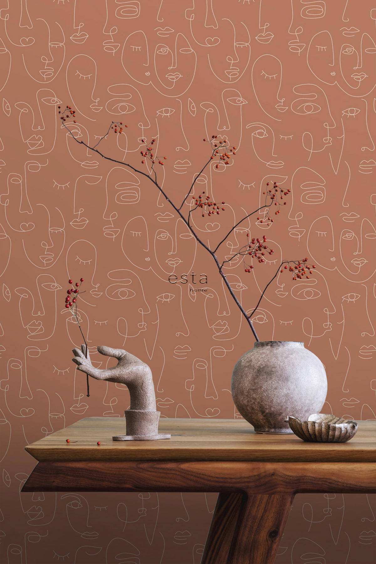 TAPETE Line Art Gesichter 53 cm x 10.05 m - Terracotta, Papier (53/1000cm) - ESTAhome