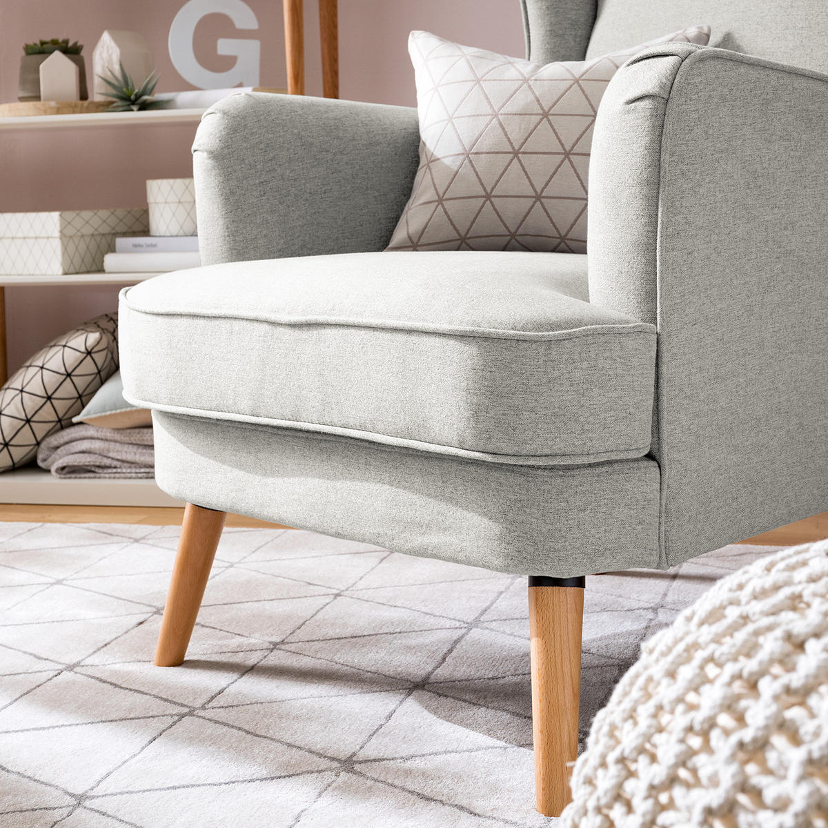 OHRENSESSEL - Beige/Hellgrau, Birkenholz/Textil (73/107/96cm) - home24