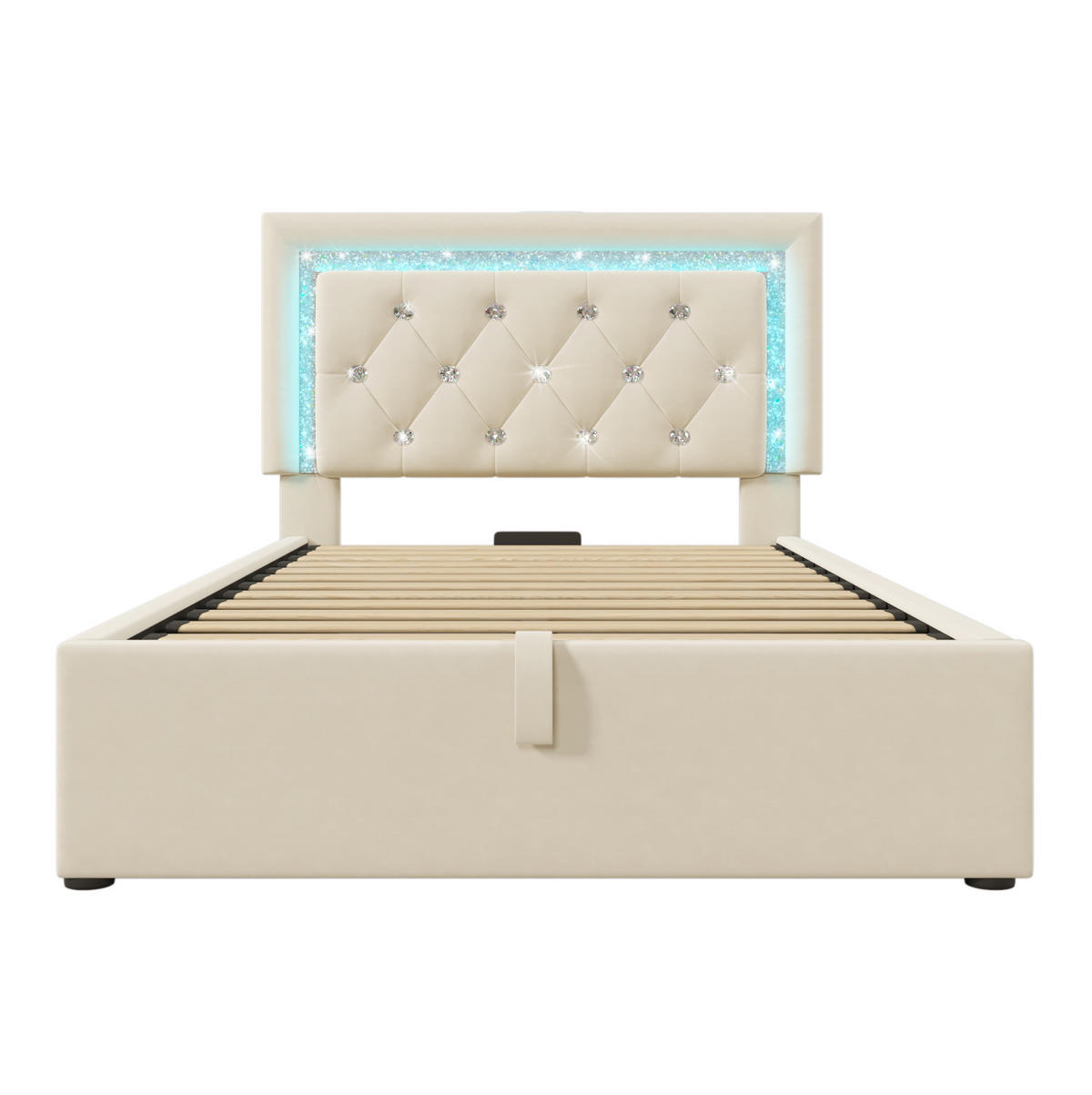POLSTERBETT 90/200 cm Beige mit LED-Beleuchtung und Bettkasten aus Samt - Beige, Textil (90/200cm) - OKWISH