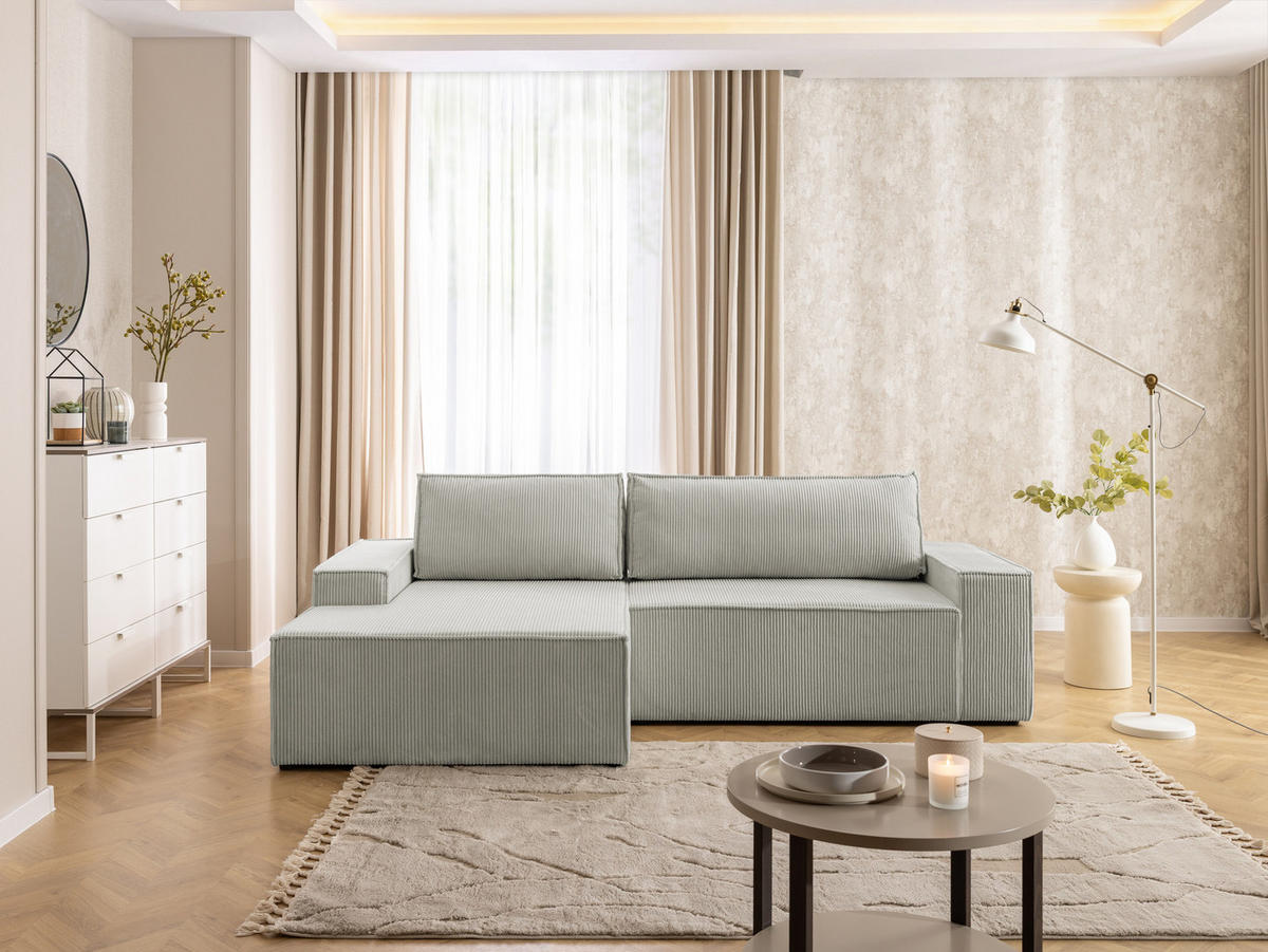 ECKSOFA Rivio mit Schlaffunktion und Bettkasten, Cordstoff Taupe - Taupe/Schwarz, Holz/Kunststoff (149/262cm) - S-Style