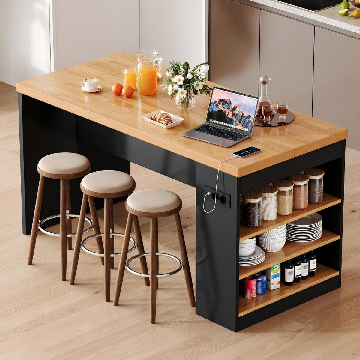 KÜCHENINSEL mit Steckdose, LED Beleuchtung, 40mm Arbeitsplatte, 3 Ablagen, MDF, 155/80/90 cm - Schwarz, Kunststoff (80/90/155cm) - Rolipo