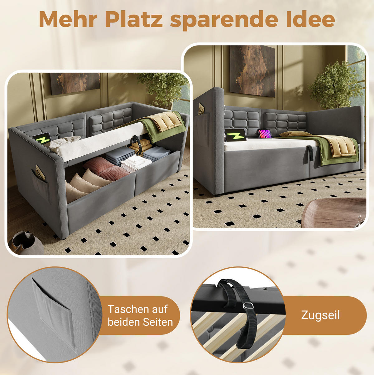 POLSTERBETT 90/200 cm mit USB- und Type-C-Ladestation, hydraulischem Stauraum und Samtbezug, Grau - Grau, Holz (90/200cm) - Redom