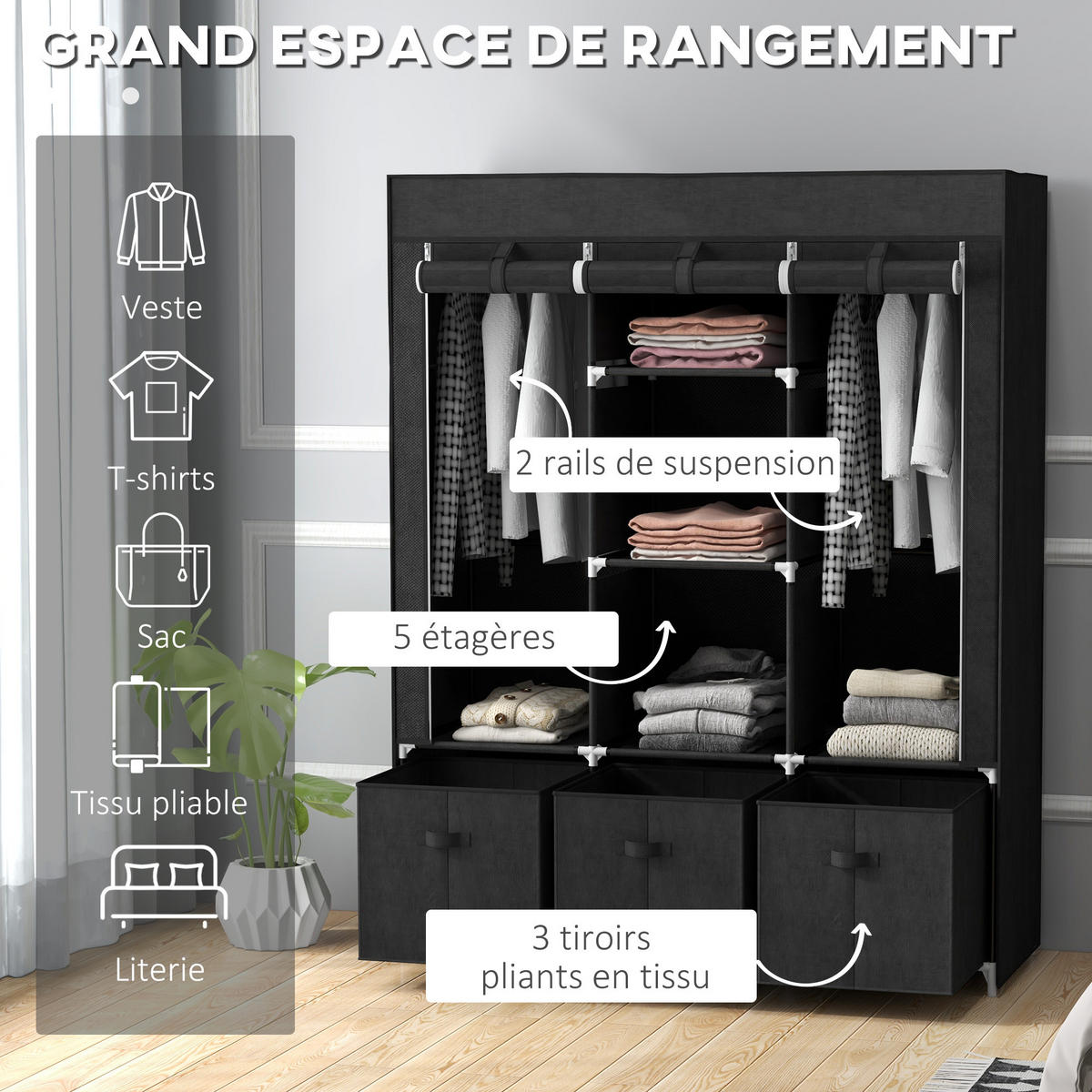 STOFFSCHRANK DE-17188 - Schwarz, Textil (43/162.5/125cm) - ComfortXL