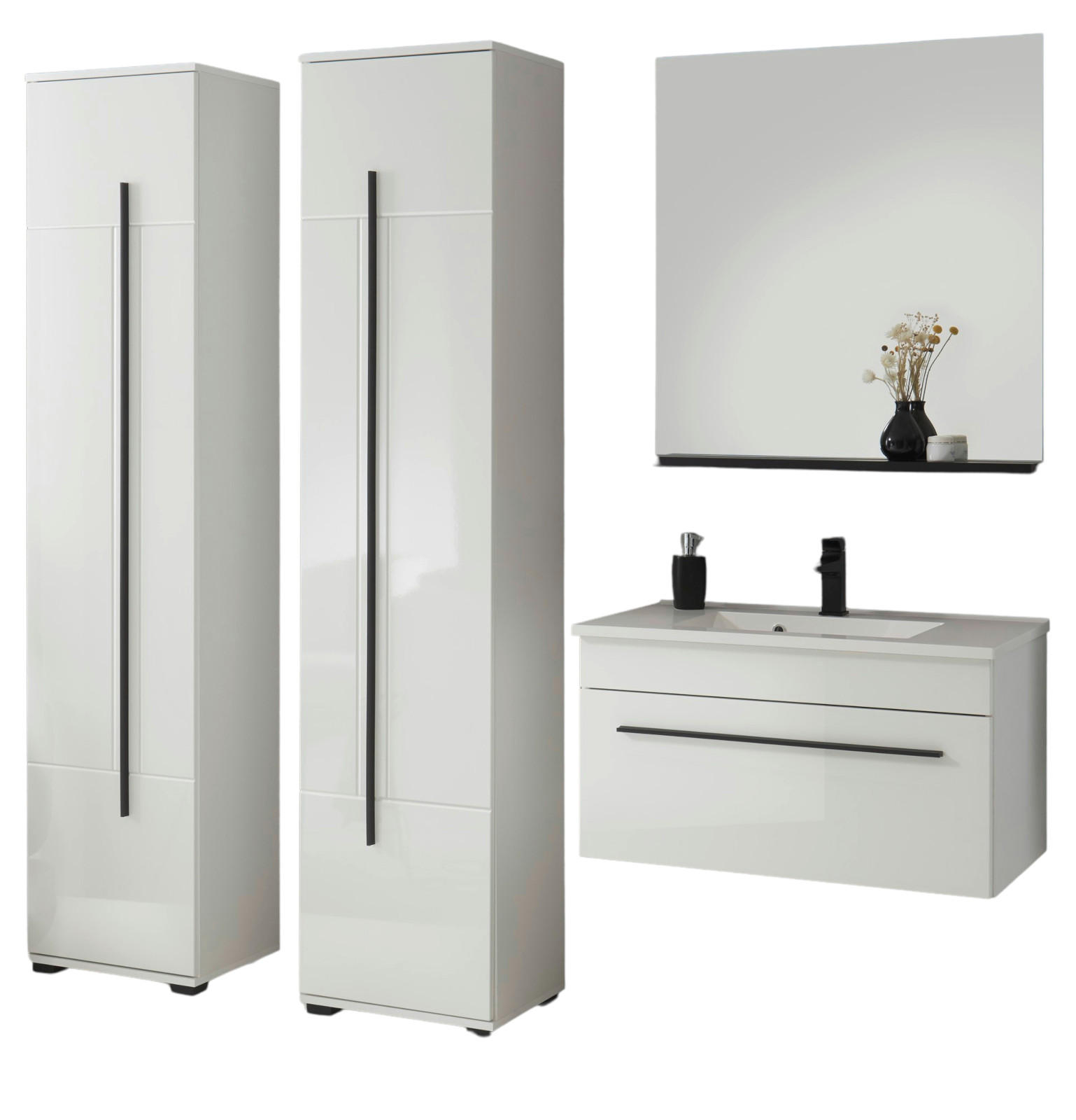 BADMÖBEL-SET weiß Hochglanz schwarz, Badkombination MIT Waschbecken, 190 x 200 cm - Weiß Hochglanz/Schwarz, Holzwerkstoff/Kunststoff (190/200/45cm) - Furn.Design