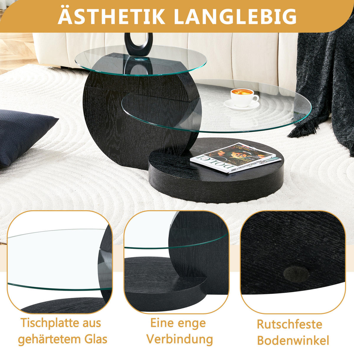 COUCHTISCH 50/70 cm schwarz transparent aus MDF und Sicherheitsglas mit Mehrstufen-Ablage - Transparent, Holzwerkstoff (90/70/44cm) - OKMYHOME