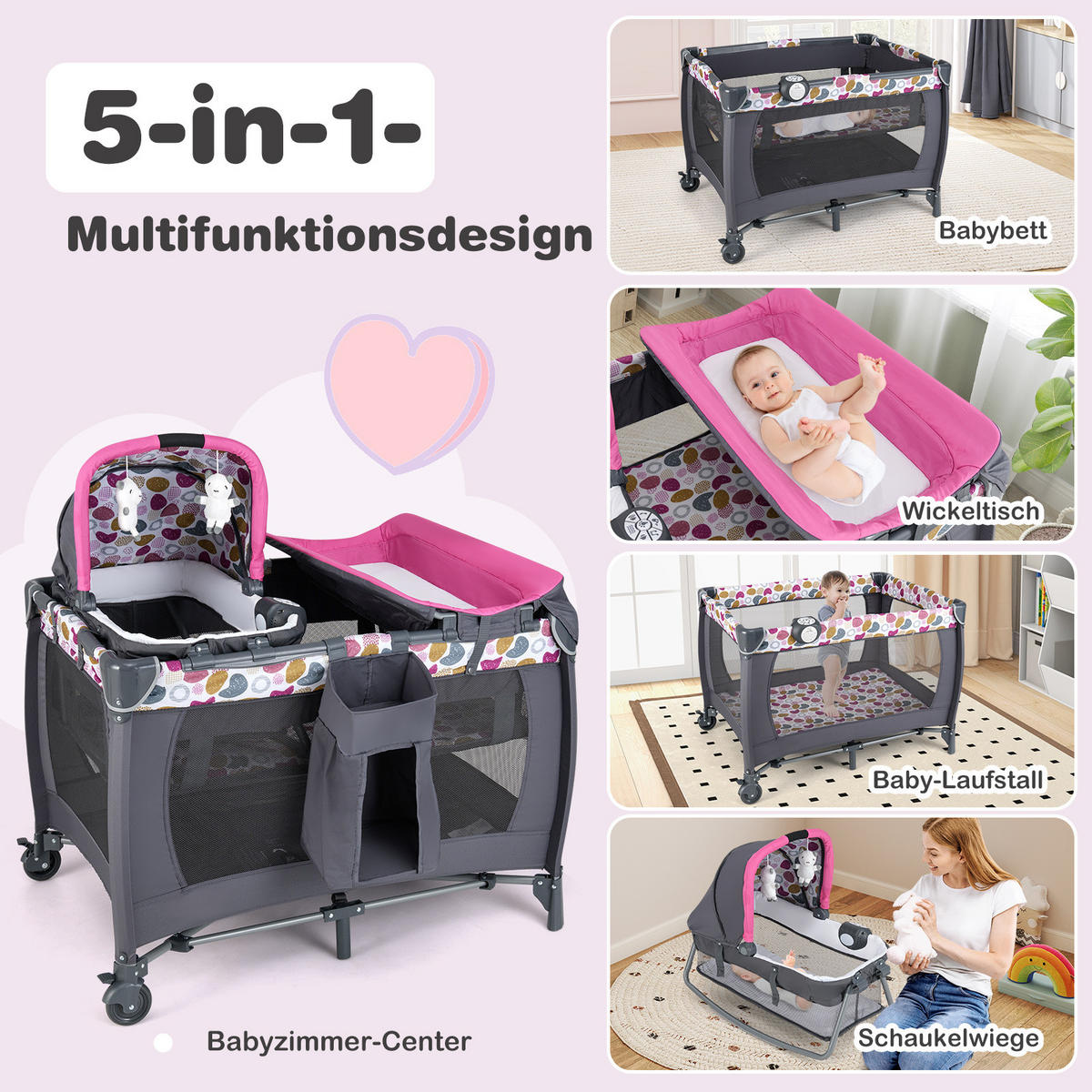 BABYBETT mit Matratze rosa - Pink, Textil - COSTWAY