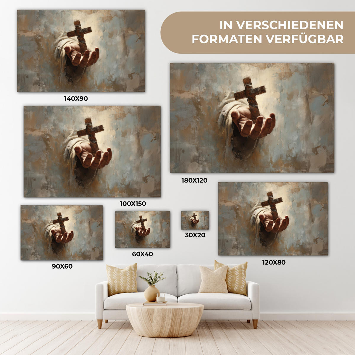 LEINWANDBILD Abstrakt - Kreuz - Hand - Christentum XXL 150x100 cm - Hellbraun, Textil (150/100cm) - MuchoWow