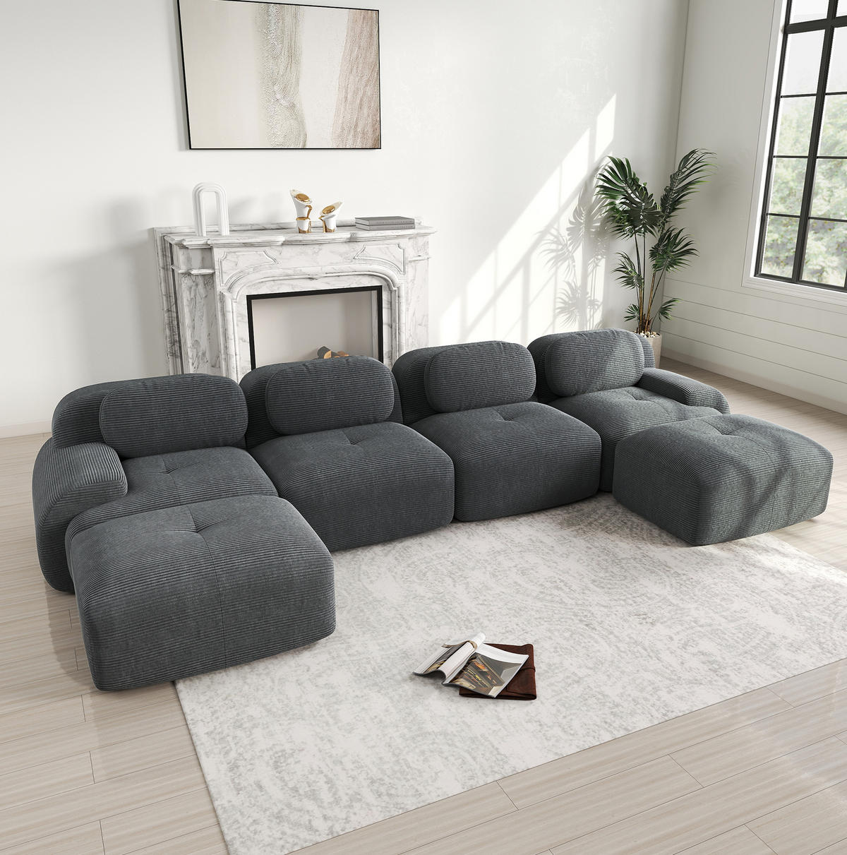 ECKSOFA modular rahmenlos Cordstoff Grey 4-tlg. - Grau, Kunststoff (178/75/388.1cm) - Meubliv