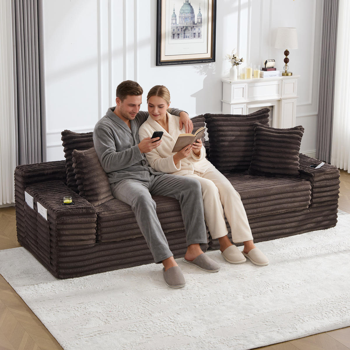 SCHLAFSOFA aus Cord mit Getränkehaltern und Kissen, Kaffeebraun - Mokka, Textil (107.48/34.25/38.58cm)