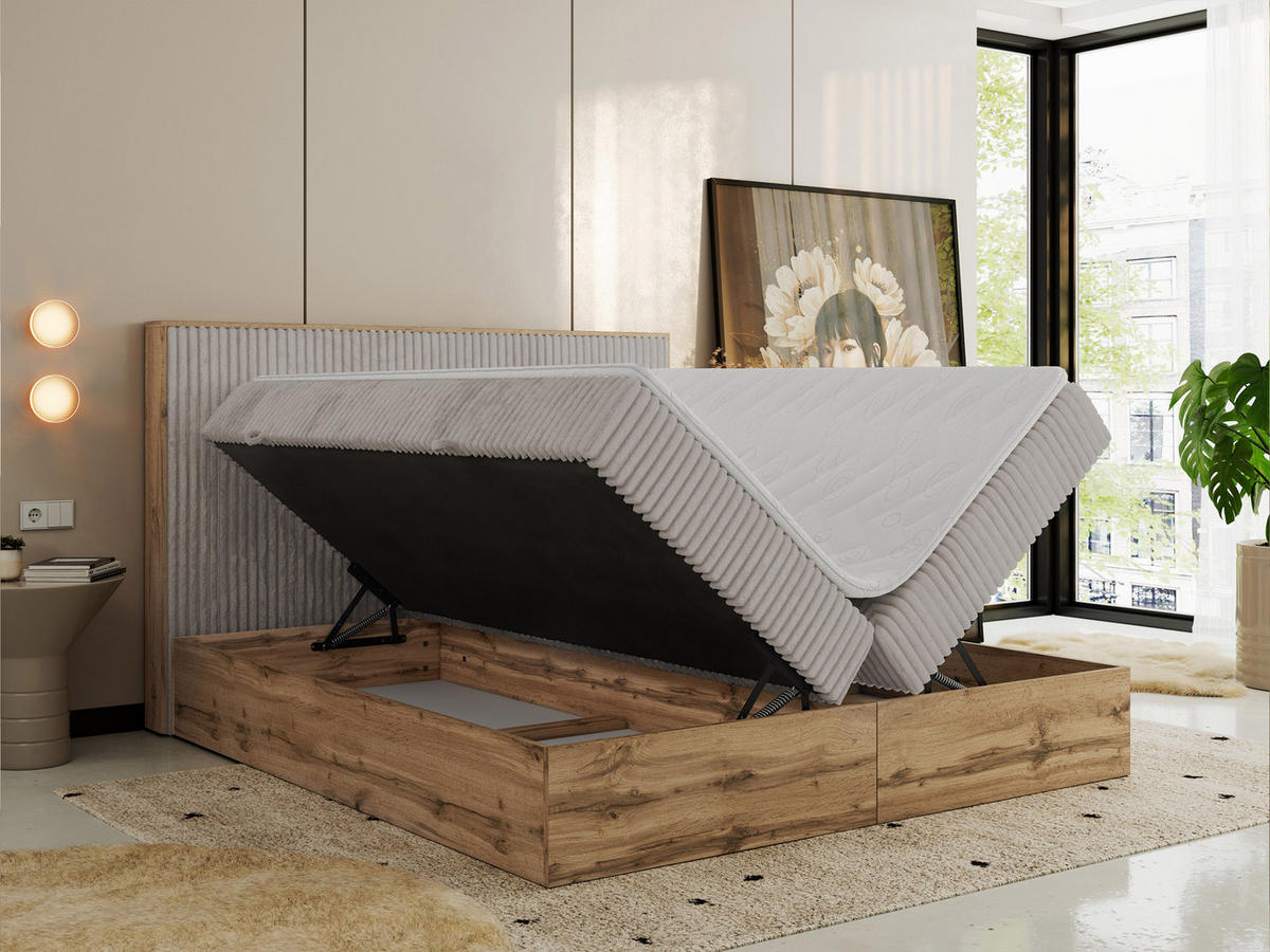 BOXBETT WOOD CLASSIC 180/200 - Hellgrau Cord - H3 - Hellgrau, Textil (180/200cm) - MKS
