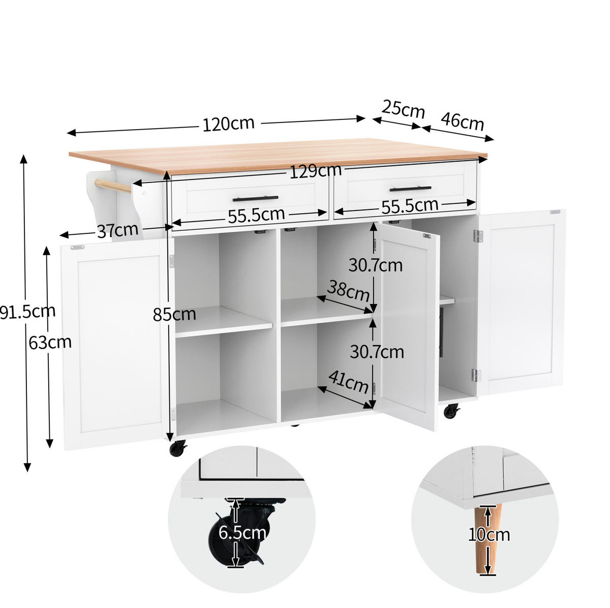KÜCHENINSEL 129/91,5/71 cm Weiß/Natur aus MDF mit Klappplatte - Weiß, Holzwerkstoff (46/91.5/129cm) - OKMYHOME
