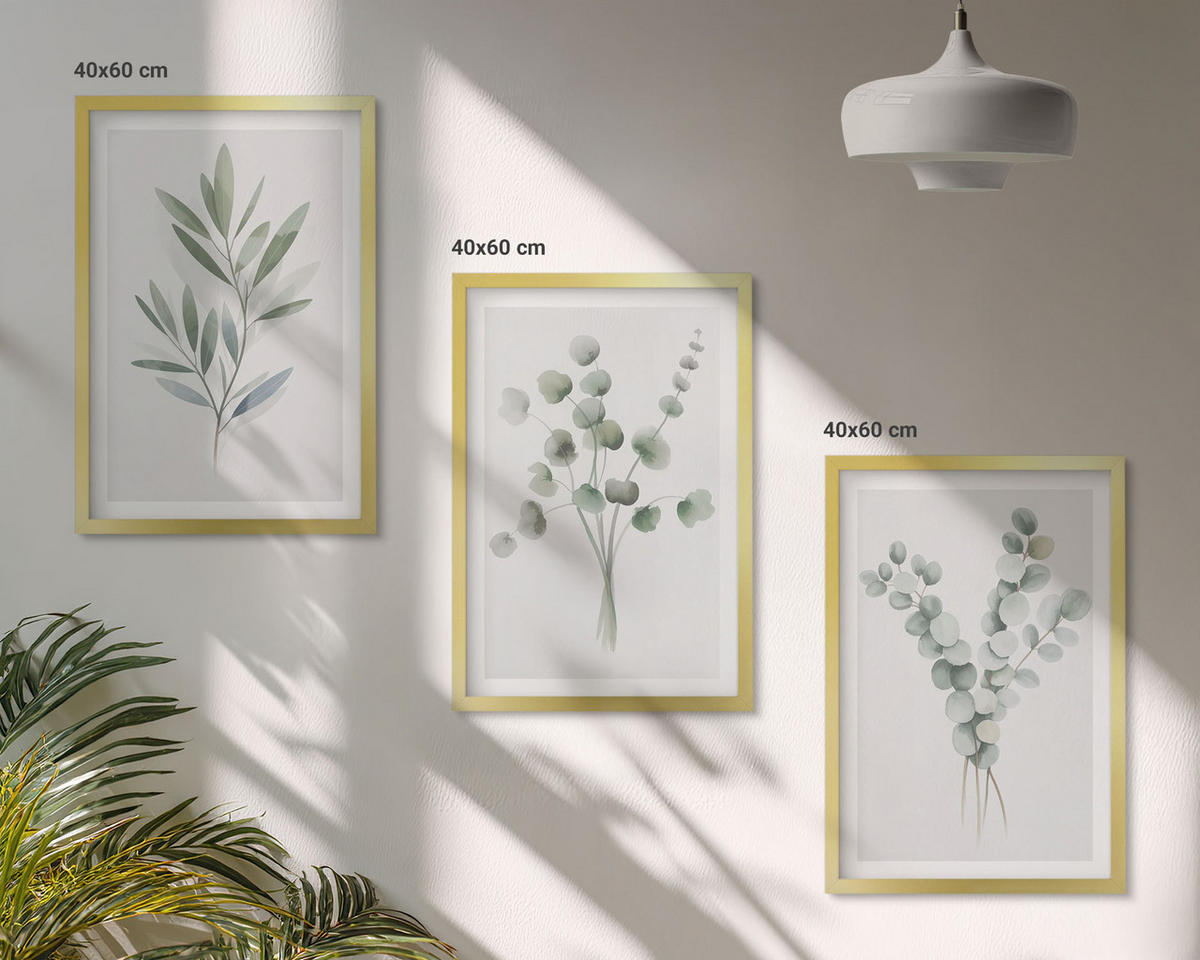 WANDBILDER 3er Set - 40x60 cm Goldrahmen - Pflanzenmuster mit Grün - Goldfarben, Kunststoff (40/60cm) - ArtPrintCave
