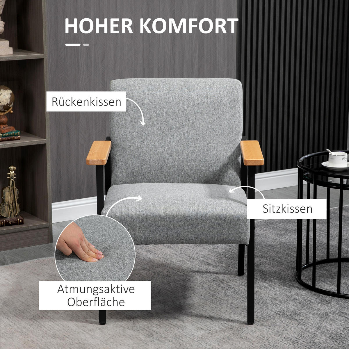 OHRENSESSEL Polstersessel, Relaxsessel mit Leinenoptik, Loungesessel, Grau - Grau, Metall (70/83.5/64.5cm) - HOMCOM