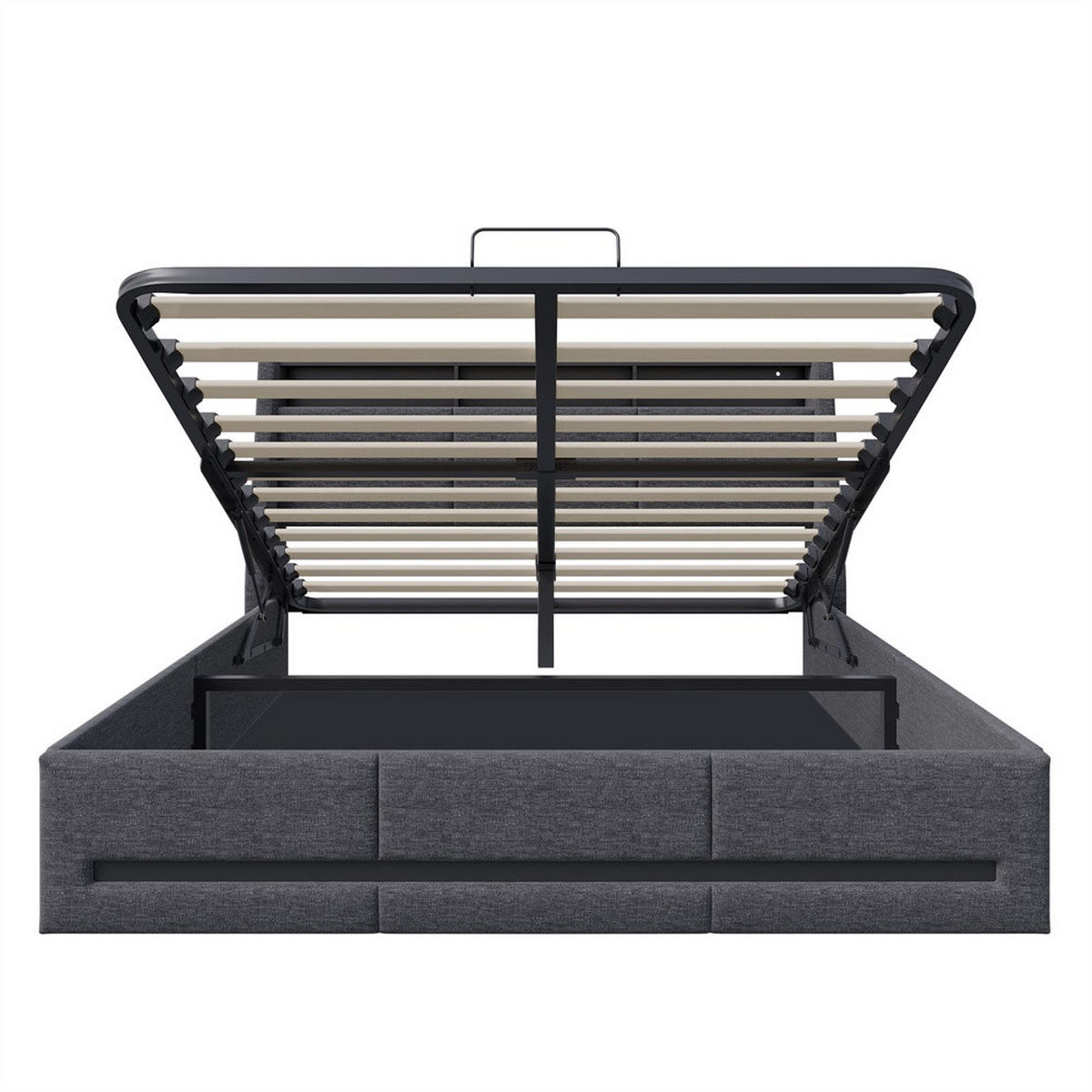 POLSTERBETT 140x200 cm - mit LED-Beleuchtung (Kopf- & Fußteil), USB-Ladefunktion und hydraulischem Bettkasten - Grau - Grau, Textil (140/200cm) - DELFA