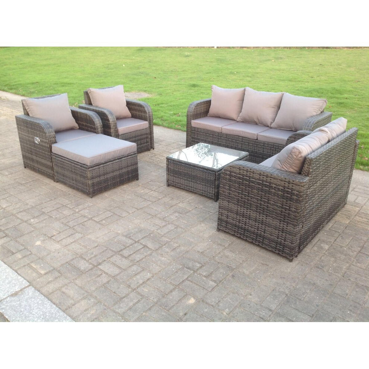 GARTENMÖBEL SET MIT LIEGESTUHL Polyrattan Outdoor 8-Sitzer - Dunkelgrau/Grau, Glas/Kunststoff - Fimous