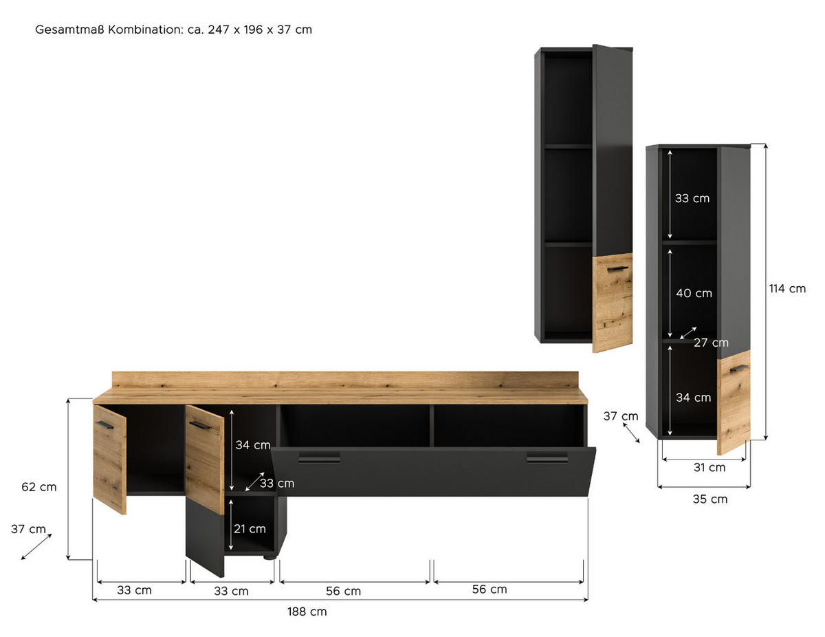 WOHNWAND 3-teilig grau, Evoke Eiche 247 cm, Schrankwand mit Soft-Close - Eichefarben/Schwarz, Holzwerkstoff/Kunststoff (247/196/37cm) - Inn.Furn