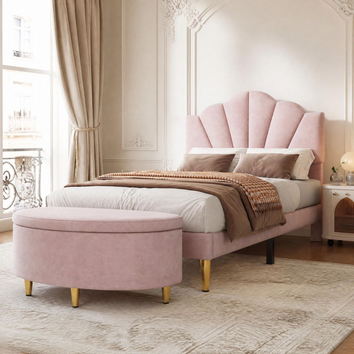POLSTERBETT 90/200 cm in Rosa mit Verstellbarem Kopfteil und Polsterbank Samt - Rosa, Holzwerkstoff/Textil (90/200cm) - CHICFURN