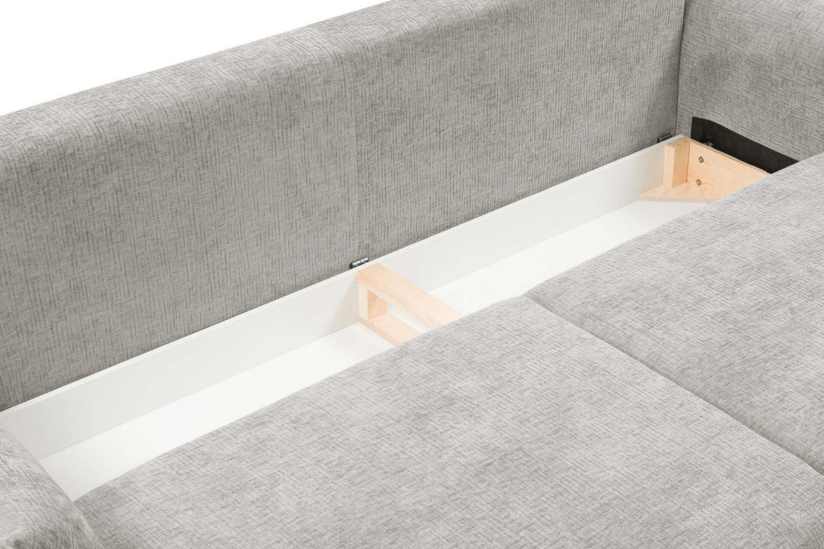 SOFA ADEL - Schlaffunktion Und Bettkasten, Wellenfederung, PUR-Schaum, Schwarze Metallfüße lose Rückenkissen, freistehend, 240x108x75 cm Silver - Silberfarben, Holz/Textil (240/75/108cm) - DomoHome