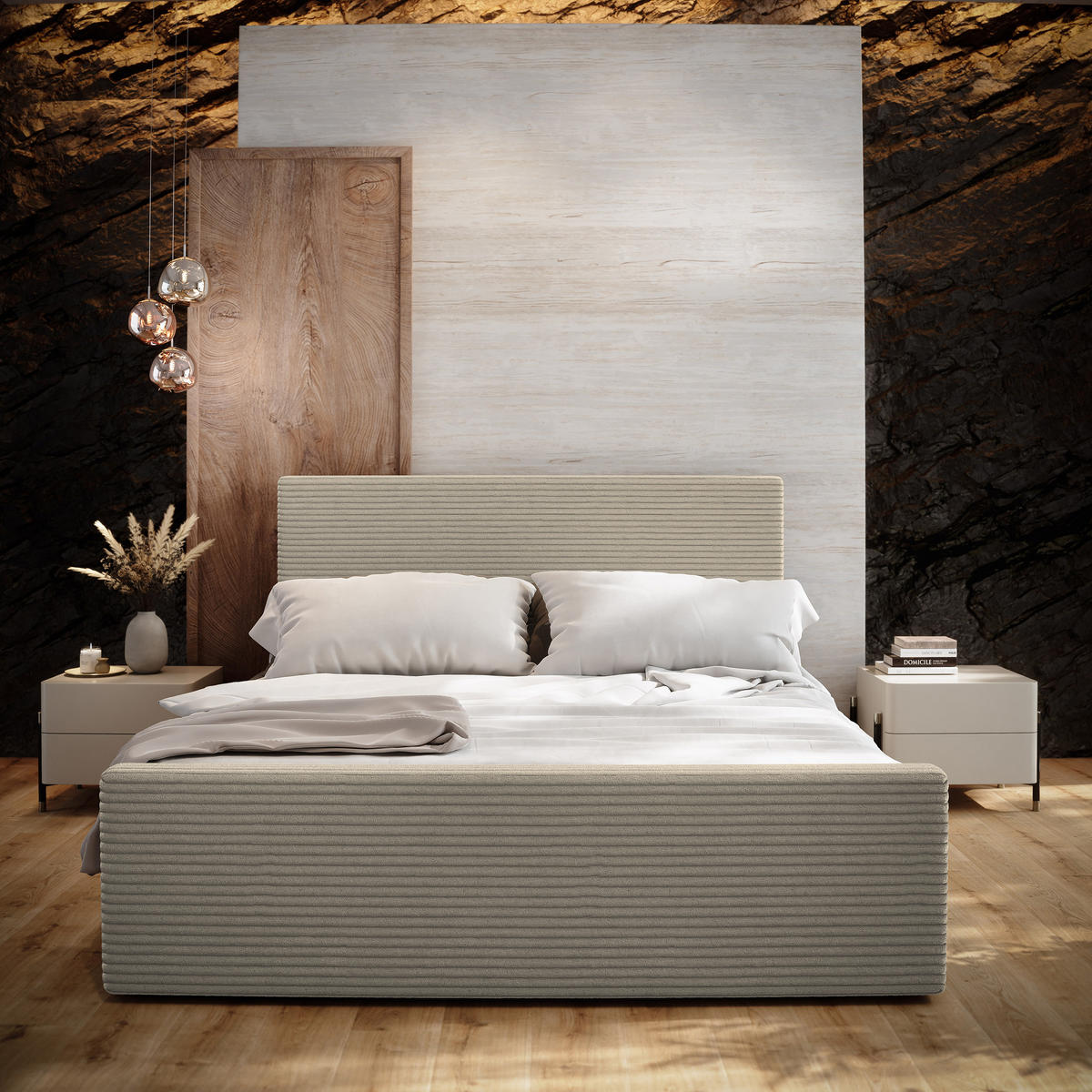 POSTEL BOXSPRING ALORIA 180x200 cm, s matrací a úložným prostorem, béžová - béžová, kompozitní dřevo/textil (180/200cm) - MASSENO