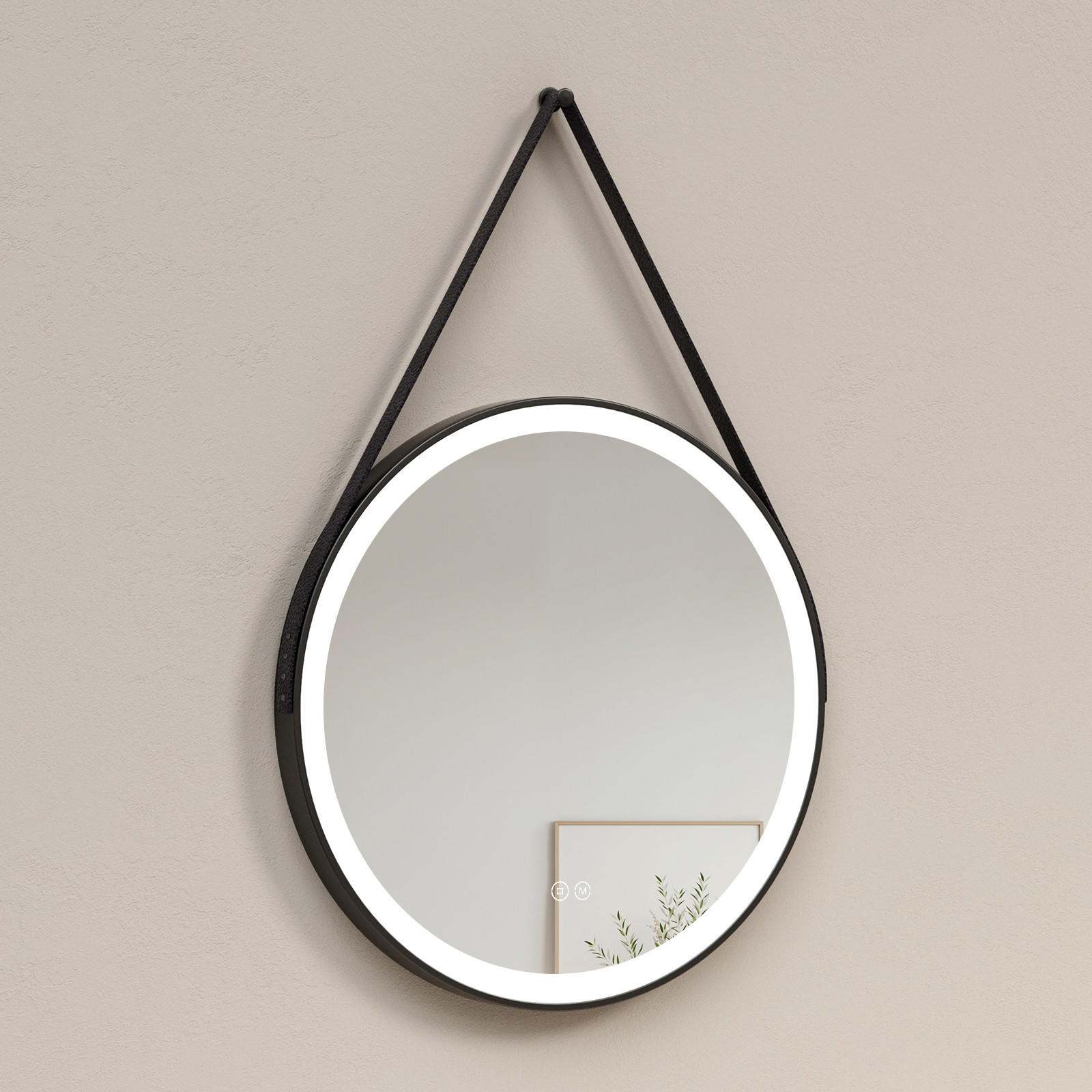 BADSPIEGEL Rund mit Touch-Schalter Beleuchtung mit Hängeriemen Schwarz ф70 cm - Schwarz, Glas (70/3/70cm) - EMKE