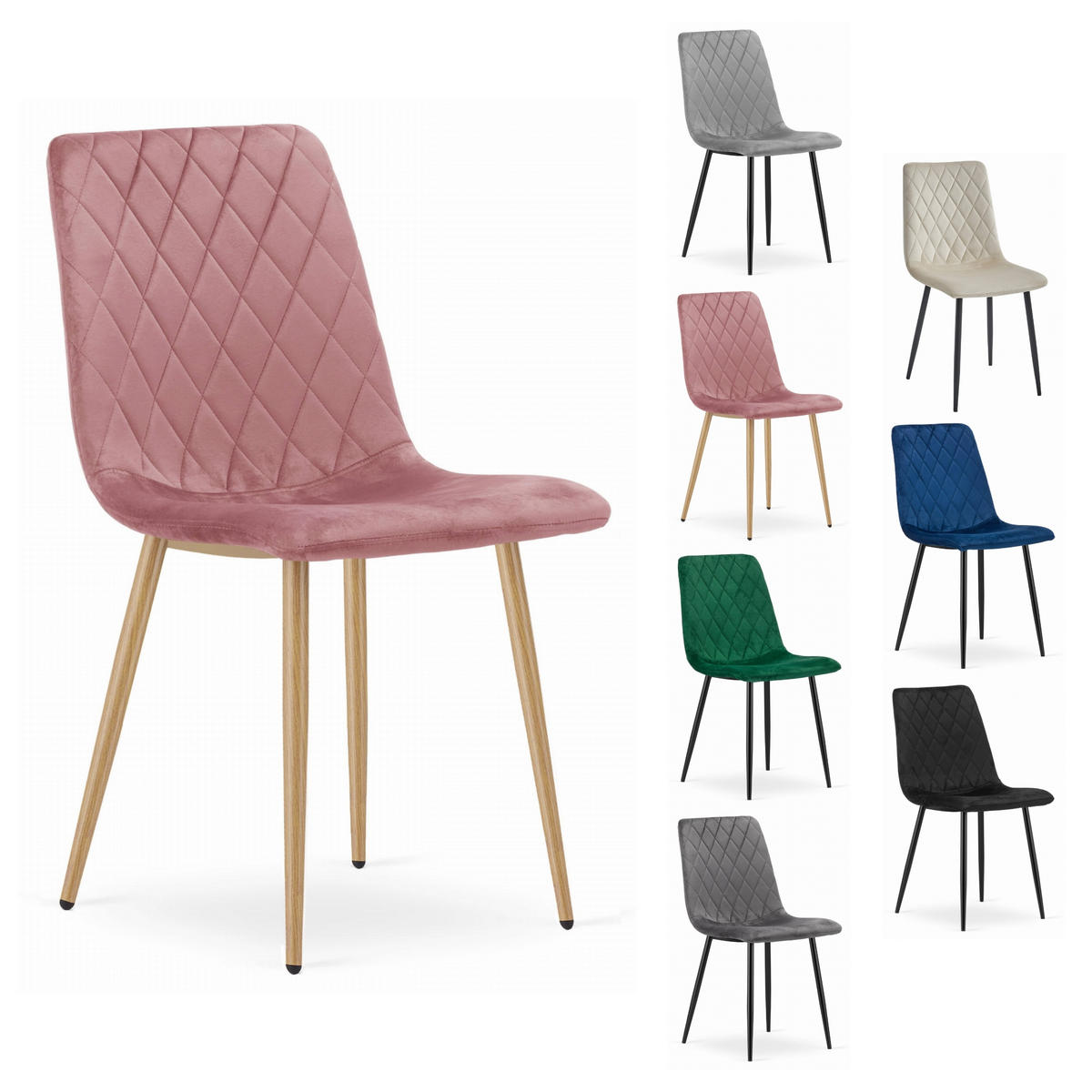 STUHL SCANNO 6-er Set, Rosa, Metallbeine in Holzfarbe, mit Samtstoff gepolstert - Rosa, Textil/Metall (45/89/53cm) - Komodee