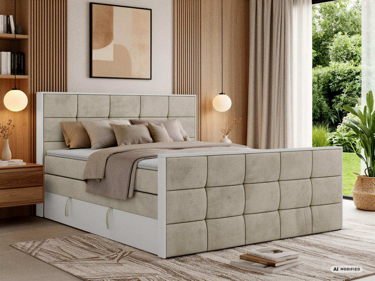 BOXSPRINGBETT ALVIT KING DUO 200/200 - Beige Velvet - Topper T25 - H3 - Beige/Schwarz, Kunststoff/Textil (200/200cm) - MKS