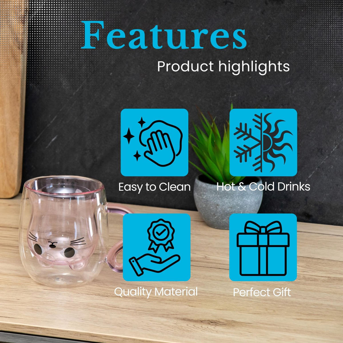 THERMO GLÄSER Design Katze 200ml (4-tlg.) - Rosa, Glas - Intirilife