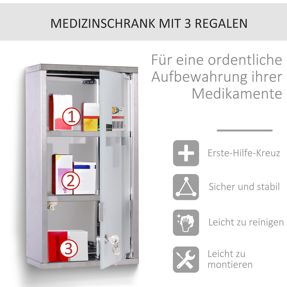 MEDIZINSCHRANK mit 3 Fächer, Edelstahl, Silber, 25 x 12 x 48 cm - Silberfarben, Glas (12/48/25cm) - HOMCOM