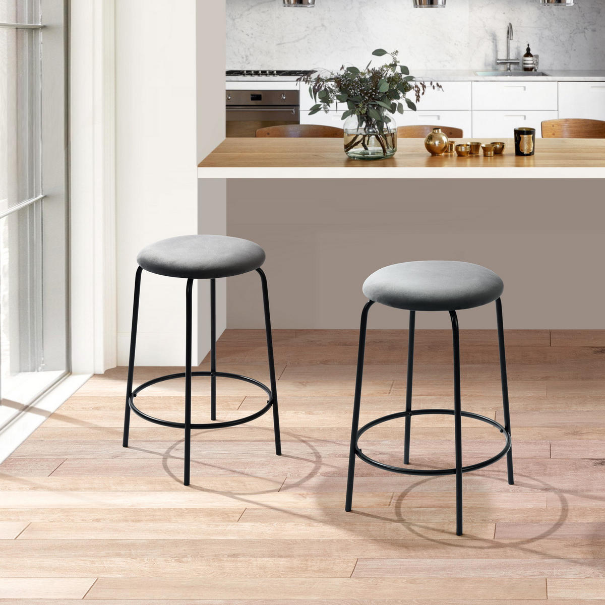 BARHOCKER 2er-Set Metallfüße, Samt, grau - Schwarz/Grau, Metall (36/73/37cm) - Urban Meuble
